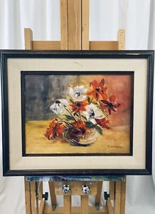 T. VAN DER PYL Vintage Framed Brutalist Modernist Floral Still Life Painting - Picture 1 of 10