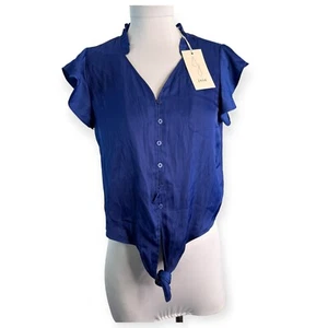 Joie Satin Ruffle Sleeve Tie Front Blue Button Up Blouse Small NWT - Picture 1 of 5