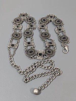 Antiqued Silver Tone Black Rhinestone Oval Open Metal Work Chain Belt 44 in - image 1 of 4