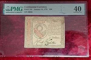 January 14, 1779 $30 Continental Currency FR# CC-93 PMG - XF-40 Stains - Picture 1 of 4