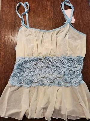 NWT CABERNET NYLON SPNDX LACE & MESH CAMI ADJ STRAPS 4229 WHITE/BLUE 1X - Image 1 of 2