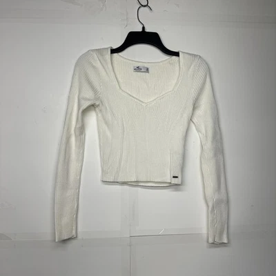 Suéter Top Hollister Mujer M Blanco Acanalado Tejido Manga Larga Ajustado Recortado Foto 1 de 4