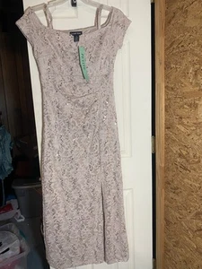 Beige Spitze Pailletten Schulterfrei Kleid Größe PM Petite Medium - Bild 1 von 7