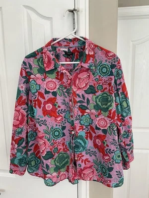 Talbots size 3X Petite Blue White Floral Split Neck Pintuck Soft Cotton Blouse - Image 1 of 4