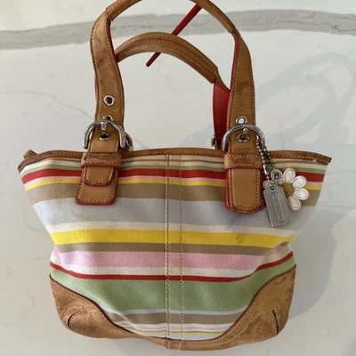 COACH HAMPTONS TOTE 4434 Handbag Purse lined leather multi-color striped canvas - Image 1 of 4