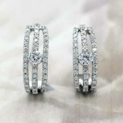 Round Cut 2.80Ct Lab Created Sapphire Huggie Hoop Earrings Solid 14k White Gold - Image 1 of 4