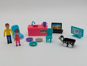 14 pce lot doll house furniture, dishes, figures. Kid Connection. Vtg Superior - Picture 1 of 15