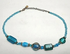 18" Necklace Blue & Green Glass Beads W/ Copper-Wire Accents Signed Ring Closure - Picture 1 of 5