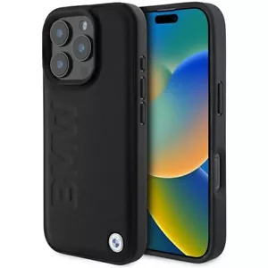 Hülle iPhone 16 Pro Max BMW Echtleder schwarz Logo Metall geprägt - Bild 1 von 8