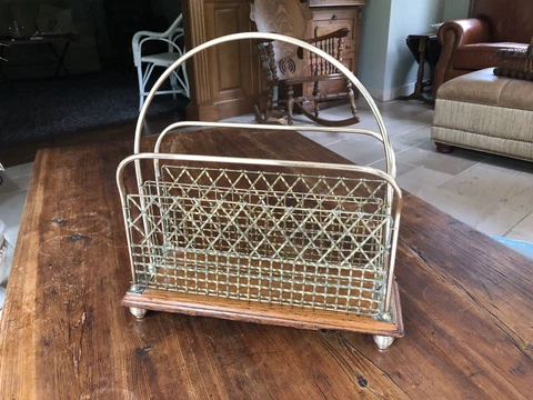 Antique English Edwardian Oak & Brass Wire Mesh Magazine Rack with Spiral Feet Cover
