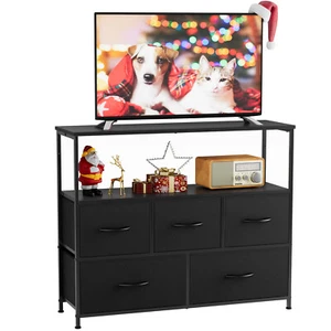 TV Stand 5 Drawers Dresser, Entertainment Center Storage Chest with Fabric Bins - Picture 1 of 48