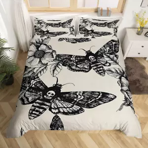Skull Comforter Cover Set Queen Size Moth Printed Gothic Style Duvet Cover for T - Picture 1 of 5