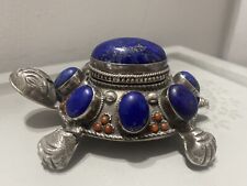 Silver Turtle Lapis Turquoise Coral Trinket Pill Box