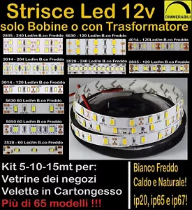 STRISCIA LED STRIP 12v 5-10-15mt anche WATERPROOF BOBINA LUCE DIMMERABILE 12Volt - Foto 1 di 24