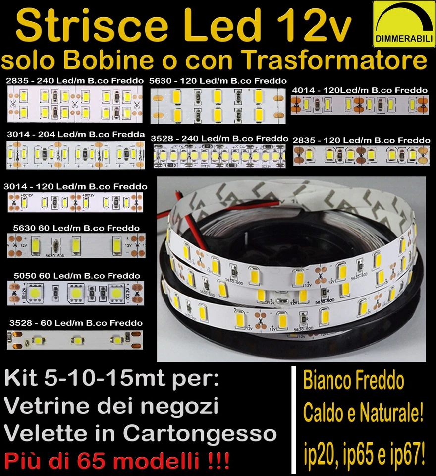 STRISCIA LED STRIP 12v 5-10-15mt anche WATERPROOF BOBINA LUCE DIMMERABILE 12Volt - Immagine 1 di 4