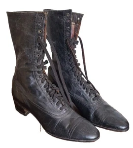 Antique Victorian Edwardian Boots Womens Black Leather Lace Up Witchy 1890s - Picture 1 of 13