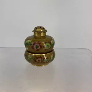Vintage Cloisonne Salt Cellar & Pepper Shaker Turquoise Tan Flowers Swirl Brass - Picture 1 of 11