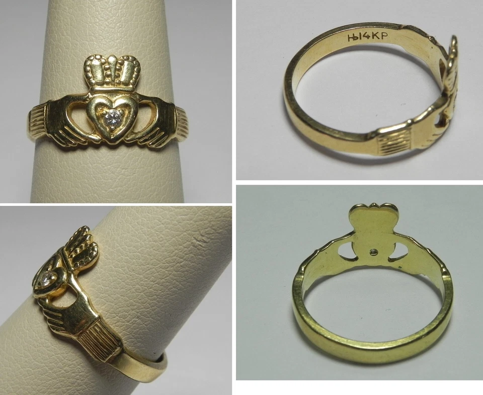 Anel Claddagh de ouro amarelo 14K sólido V581 Estate diamante, tamanho 7,00 - Imagem 1 de 1