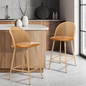 Oikiture Bar Stools Kitchen Counter Stool Rattan Dining Chair PU Brown x2 - Picture 1 of 10