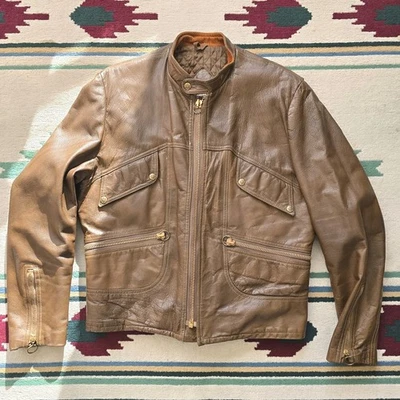 Vintage Yamaha Leather Jacket Adult Size 44 Talon Zip Shoulder Pad Brown 70s - Image 1 of 4