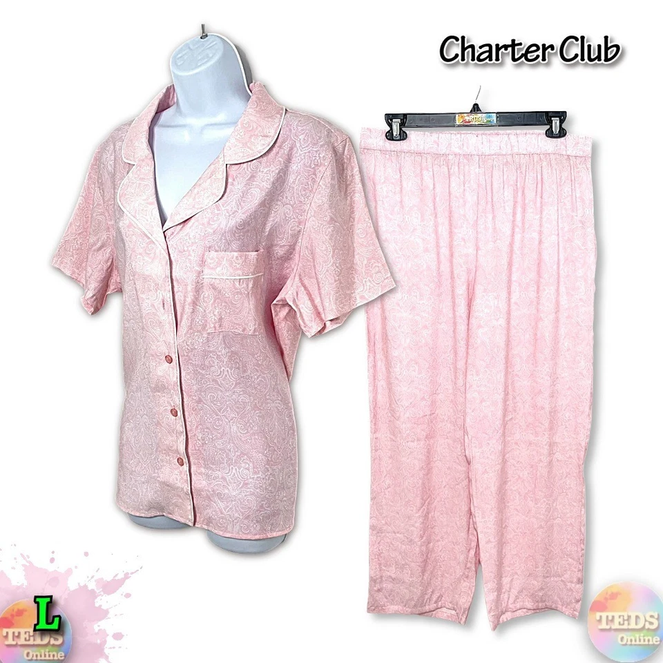 Nuevo con etiquetas Charter Club L 2 piezas Juego de pijama de cachemira con cuello de muesca, botón faltante Foto 1 de 4