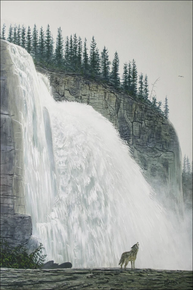 FRASA PINTURA ORIGINAL LOBO CANADÁ PAISAJE CASCADAS ARTE Pato Estampilla Artista Foto 1 de 2