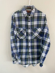 Vtg Fieldmaster Flannel Shirt Men L Blue Beige Plaid Perma Prest Long Sleeve USA - Picture 1 of 5