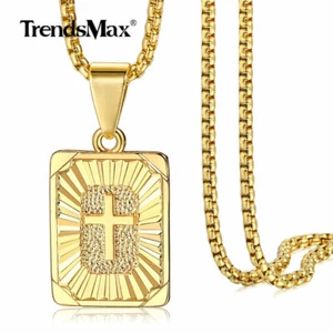 Collar Gargantilla Colgante Cruz Cadena Caja Acero Inoxidable Chapado en Oro 14K Grabado - Imagen 1 de 5
