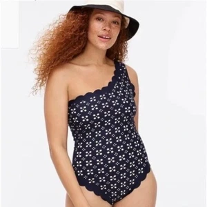 NWT J.Crew Scalloped One Shoulder Swimsuit Laser Cut Eyelet Navy Blue 24 - Picture 1 of 9