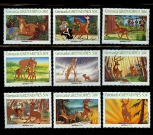 Bambi Disney postfrisch Set 9 Briefmarken 1988 Grenada Grenadinen #986a-i Klopfer Blume - Bild 1 von 1