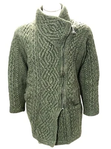 Aran Crafts Ireland XL Green Merino Wool Cable Knit Funnel Neck Cardigan Sweater - Picture 1 of 11