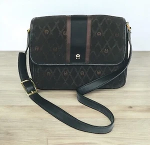 Etienne Aigner Purse Shoulder Bag Brown Printed Logo Canvas Key Chain Strap - Picture 1 of 13