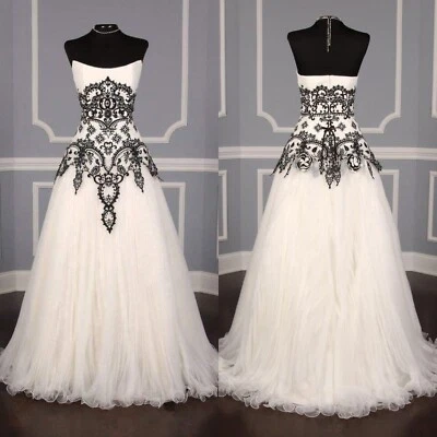 Gothic Wedding Dresses Lace Appliques Black White A Line Strapless Bridal Gowns - Image 1 of 4