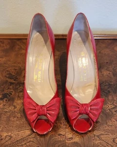 Bruno Magli red patent leather peep toe heels with bow, 7AA, Made in Italy - Picture 1 of 7