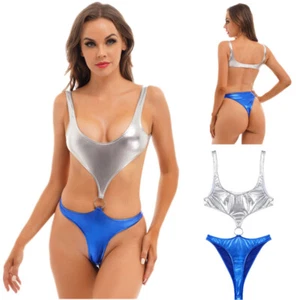 Women Shiny Metallic Bodysuit with O-ring Sexy Cutout Lingerie One piece Leotard - Picture 1 of 13