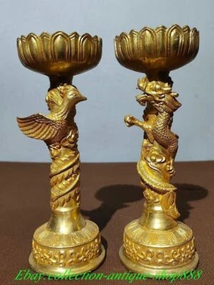Chinese Bronze Gilt Dragon Phoenix Candlestick Oil Lamp Candle Stick Holder Pair - Image 1 of 4