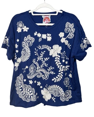 Camiseta Johnny Was S Raw Details Swing Top Azul Algodón Bordado $130 Foto 1 de 4
