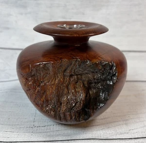 Vintage Turned BurlWood Bud Vase with Glass Insert Art Decor 4" Signed C Dame - Picture 1 of 8