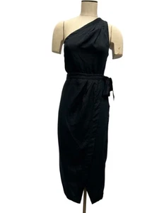 Anthropologie Midi Linen Dress Women 4 Black Shoulder Wrap Brunch Coastal - Picture 1 of 14