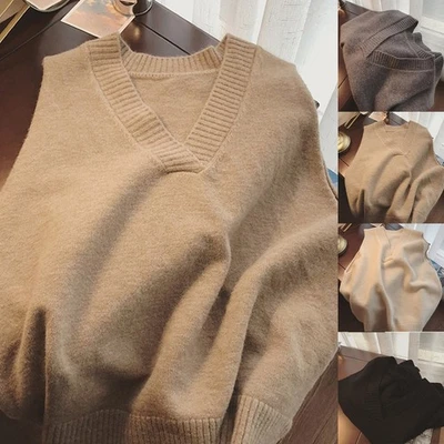 Women Knitted Sweater Vest Sleeveless Top Korean Style Deep V Neck Loose - Image 1 of 4