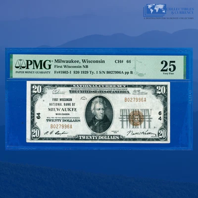 1929 $20 First Wisconsin National Bank Of MILWAUKEE, WI, Charter #64, PMG 25 - Image 1 of 3