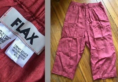 VTG FLAX ENGELHART LINEN GUAVA PINK PANTS CAPRI ELASTIC-WAIST POCKETS EUC L - Image 1 of 4