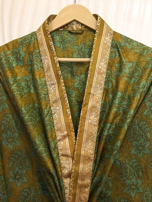 Pure Silk Midi Kimono Robe Knee Length Gown Silk Kimono Robe Dark Gold MKMO2279 - Image 1 of 4