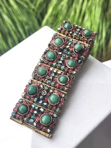 Vintage Tibetano Pietre Preziose Naturali Chips Pannelli Cabochon Bracciale Grosso Spilla - Foto 1 di 21