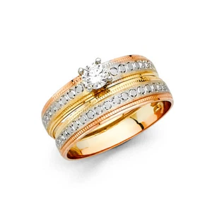 Women 14k 3 Tone Solid Gold CZ Solitaire Wedding Bridal Set Engagement Ring Band - Picture 1 of 1