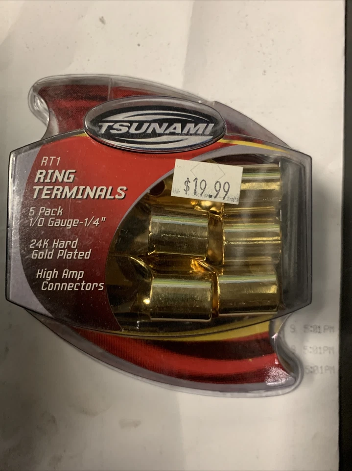 Original Tsunami by Metra RT1 Gold Plated 1/0 Gauge 1/4" Ring Terminal (5/pack) - Image 1 of 1