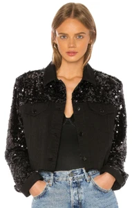 J Brand Cropped Cyra Denim Jacket in Black Sequins Size Small NEW - Picture 1 of 10