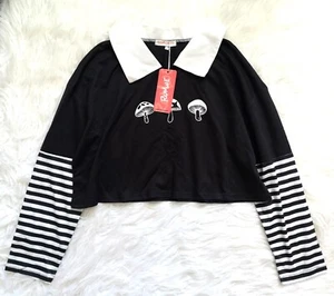 NEW ROMWE Women's Goth Punk Black Striped Sleeves Mushrooms Print Crop Top M - Picture 1 of 9