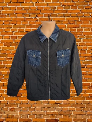 MENS GUESS JEANS SIZE UK SMALL BLACK LIGHT PADDED BLUE DENIM BOMBER JACKET COAT - Image 1 of 4