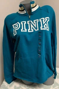 Victorias Secret PINK sz M~Boyfriend Half-Zip~pullover, Jade green/gold stripe - Picture 1 of 8